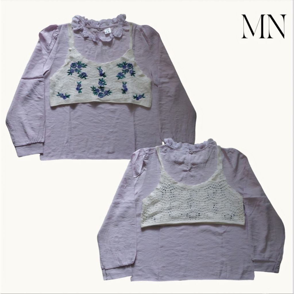 Set Blouse Lilac Kerah Renda Ruffle + Outer Vest Rajut