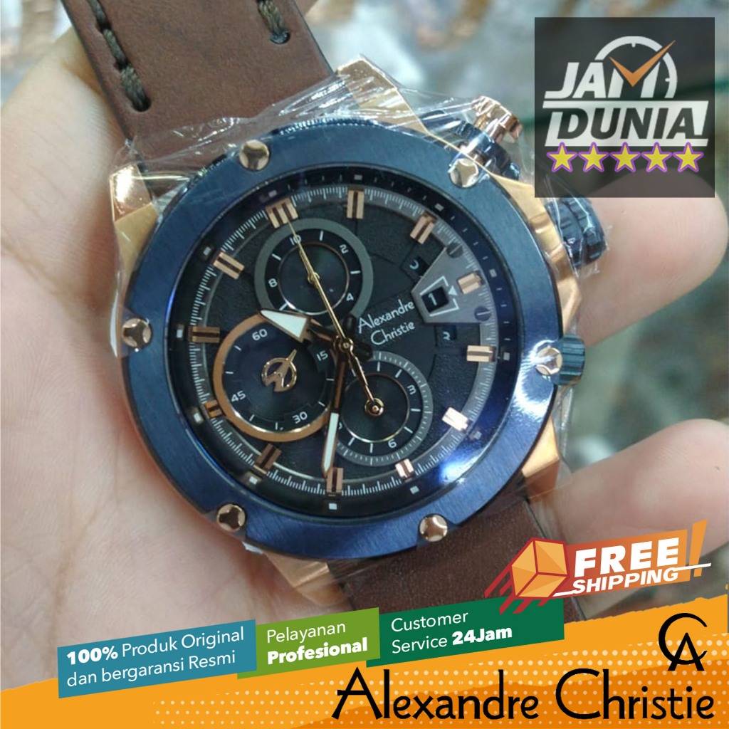 JAM PRIA ALEXANDRE CHRISTIE CHRONOGRAPH ORIGINAL BROWN LEATHER KOMBINASI BLUE ROSE GOLD 6491 AC 6491