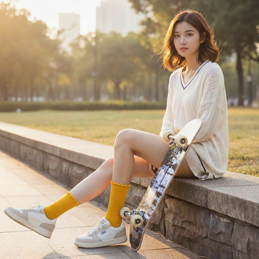 Kaos Kaki Wanita Dewasa Panjang Sebetis Bawah| Kaus Kaki Model Renda  Ruffle Kerut Gaya Korea