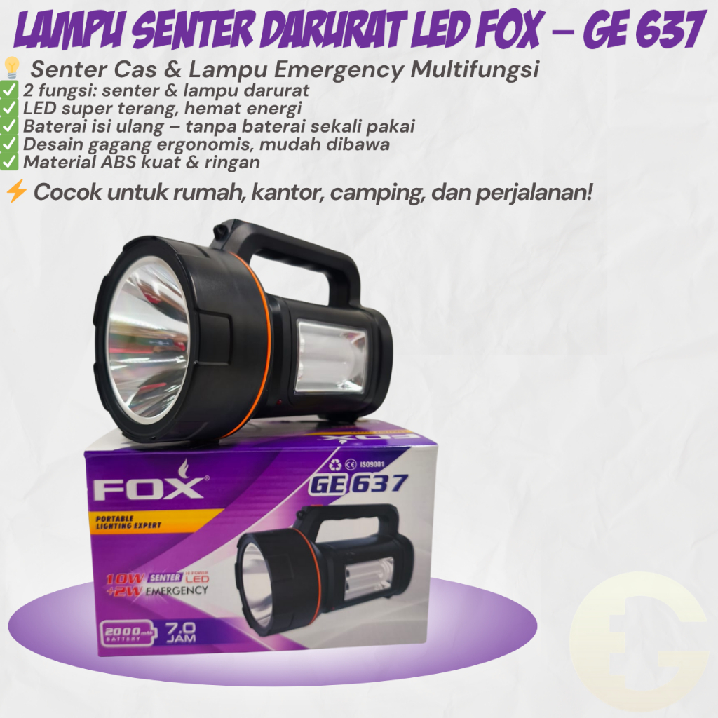 Senter Darurat LED FOX GE 637 Rechargeable 2in1 Lampu Emergency Super Terang Portable