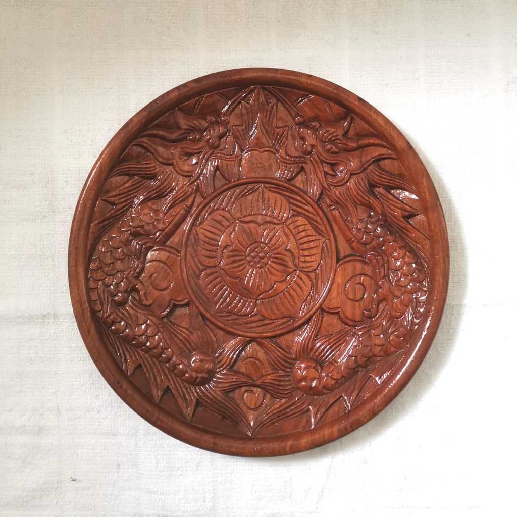 Piring Kayu Ukir Antik China Gambar Dua Naga dan Floral Preloved
