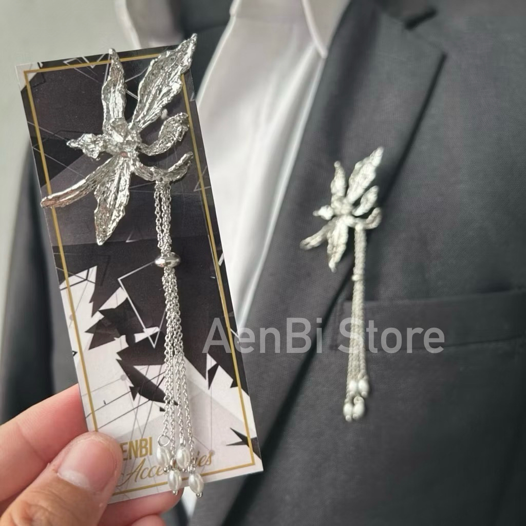 Lapel pin rantai / bros rantai jas / blazer / kebaya / beskap - Anggrek Silver Rantai
