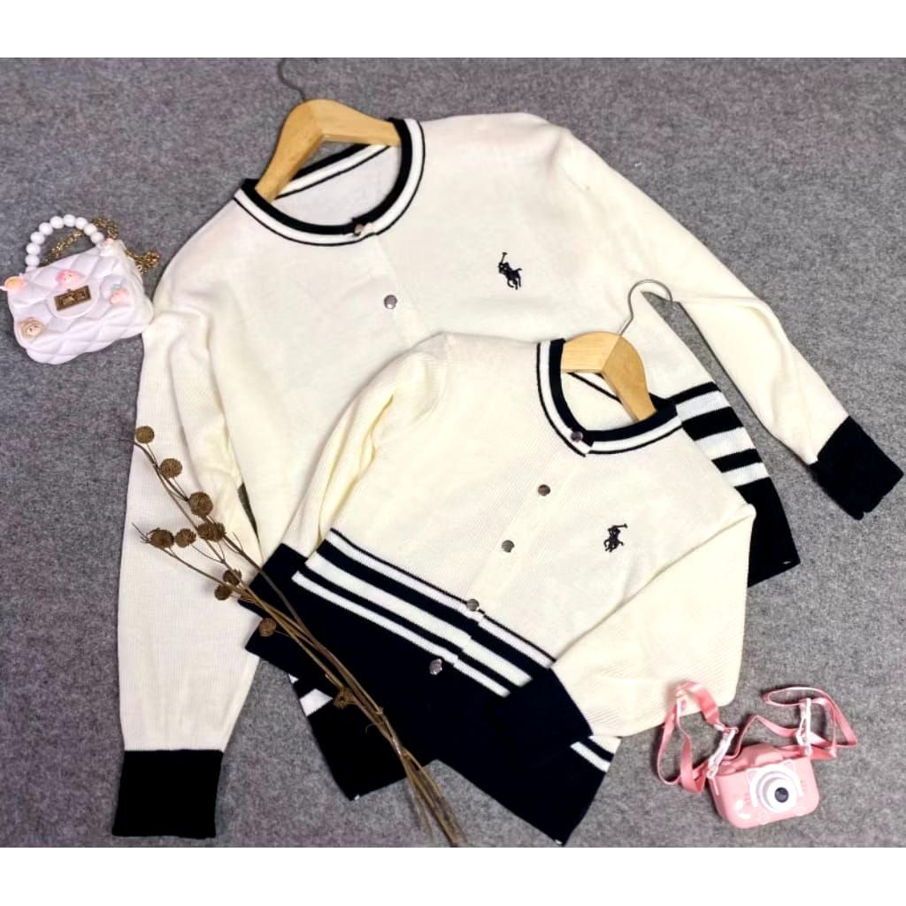 Cardigan Polo Salur Couple Ibu Dan Anak Perempuan Sweater Atasan Wanita Keluarga