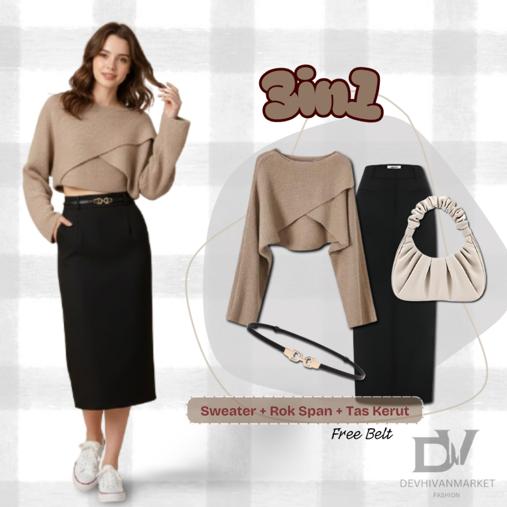 Ootd Wanita Kekinian Outfit Remaja ( Sweater Knit + Rok Span Scuba Premium Free Belt )