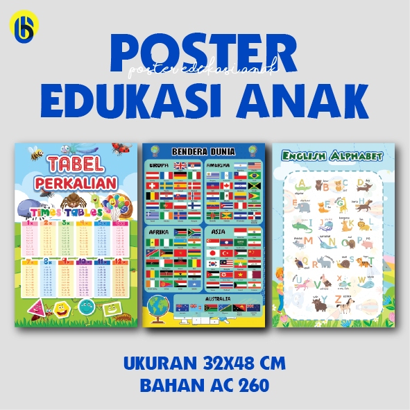 Poster Pendidikan Anak 32x48cm Bahan AC 260 – Tabel Perkalian, Bendera Dunia, Alphabet Inggris, Alat