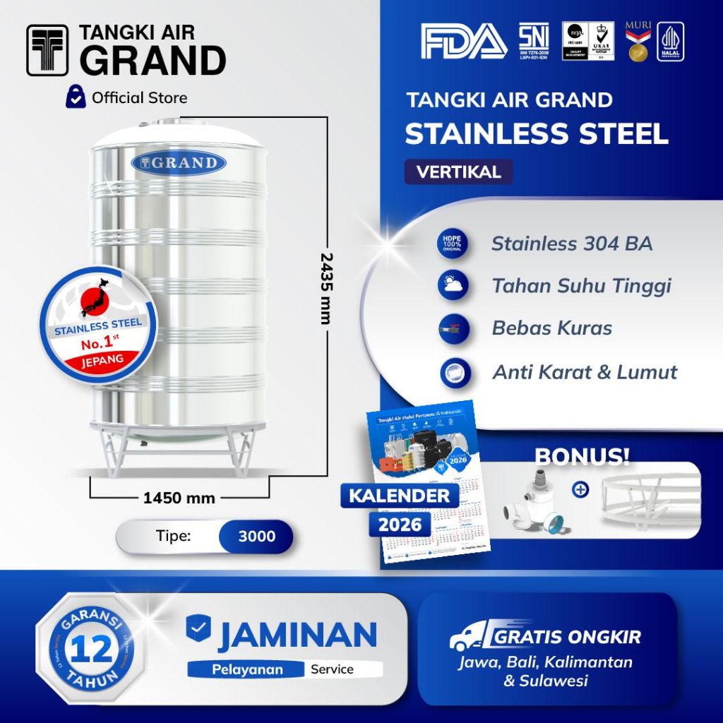 Grand Toren Tandon Air Tangki Stainless TSV 3000 Anti Lumut Garansi 12 Tahun