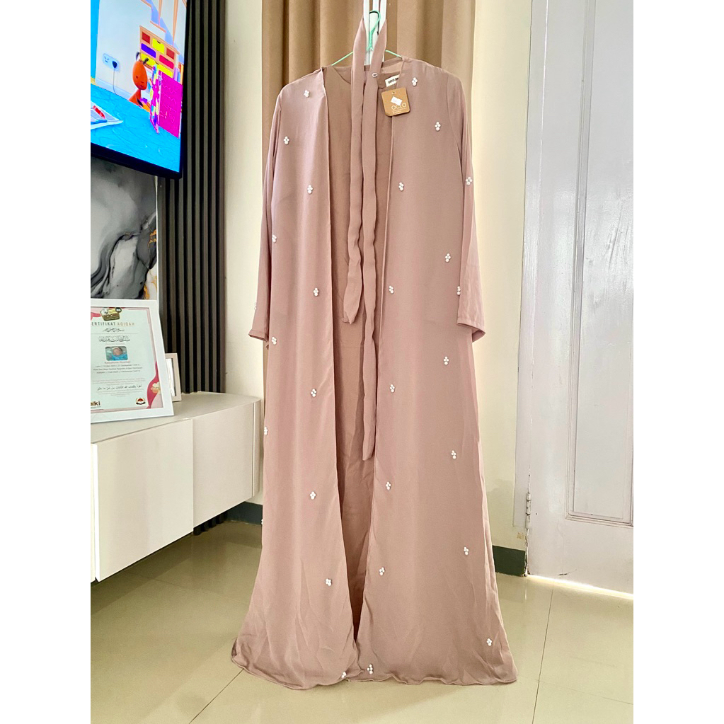 Preloved baju gamis lengan panjang tali pinggang warna nude