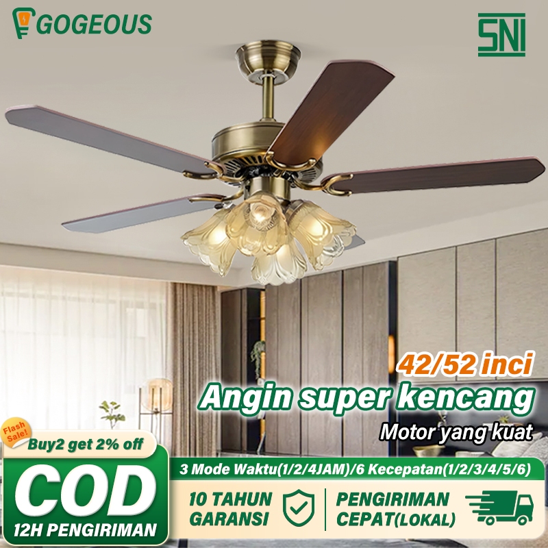 COD Lampu Kipas Angin Gantung Plafon Ruang Tamu Gaya Retro Nordik Kipas Lampu Gantung Hias 2in1 3 Wa