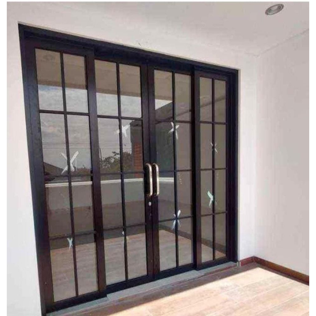 pintu sliding gantung geser 2+ kaca mati kiri kanan + asesoris + rel atas tutup rell atas + kunci+ d