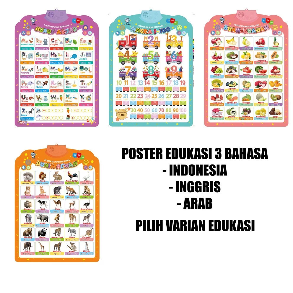 Dirakids Poster Edukasi Suara Huruf Angka Buah Hewan Versi Terbaru 3 Bahasa Inggris Indonesia Arab B