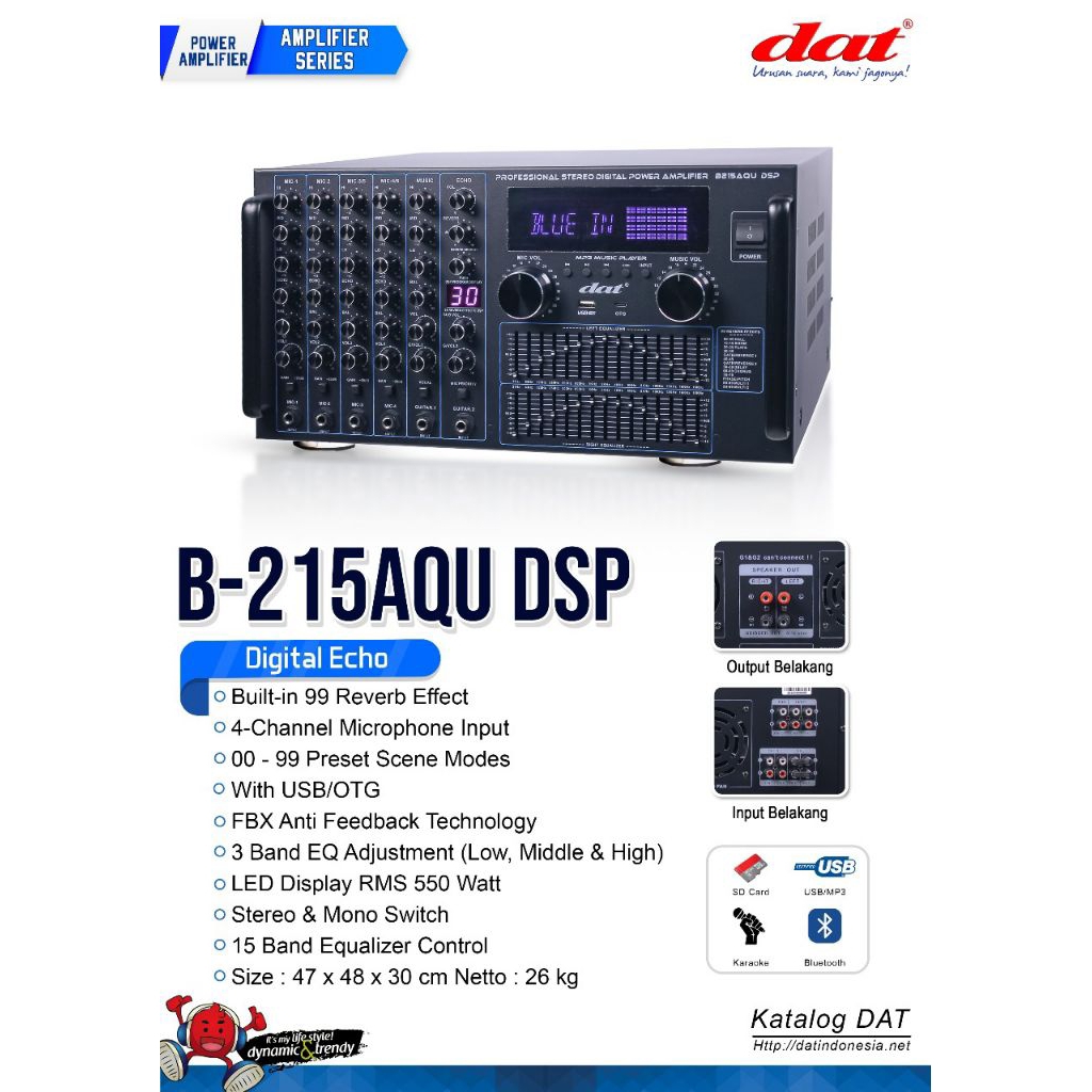 DAT B-215AQU DSP – Power Amplifier Karaoke 4 Mic, DSP Reverb, 15 Band EQ