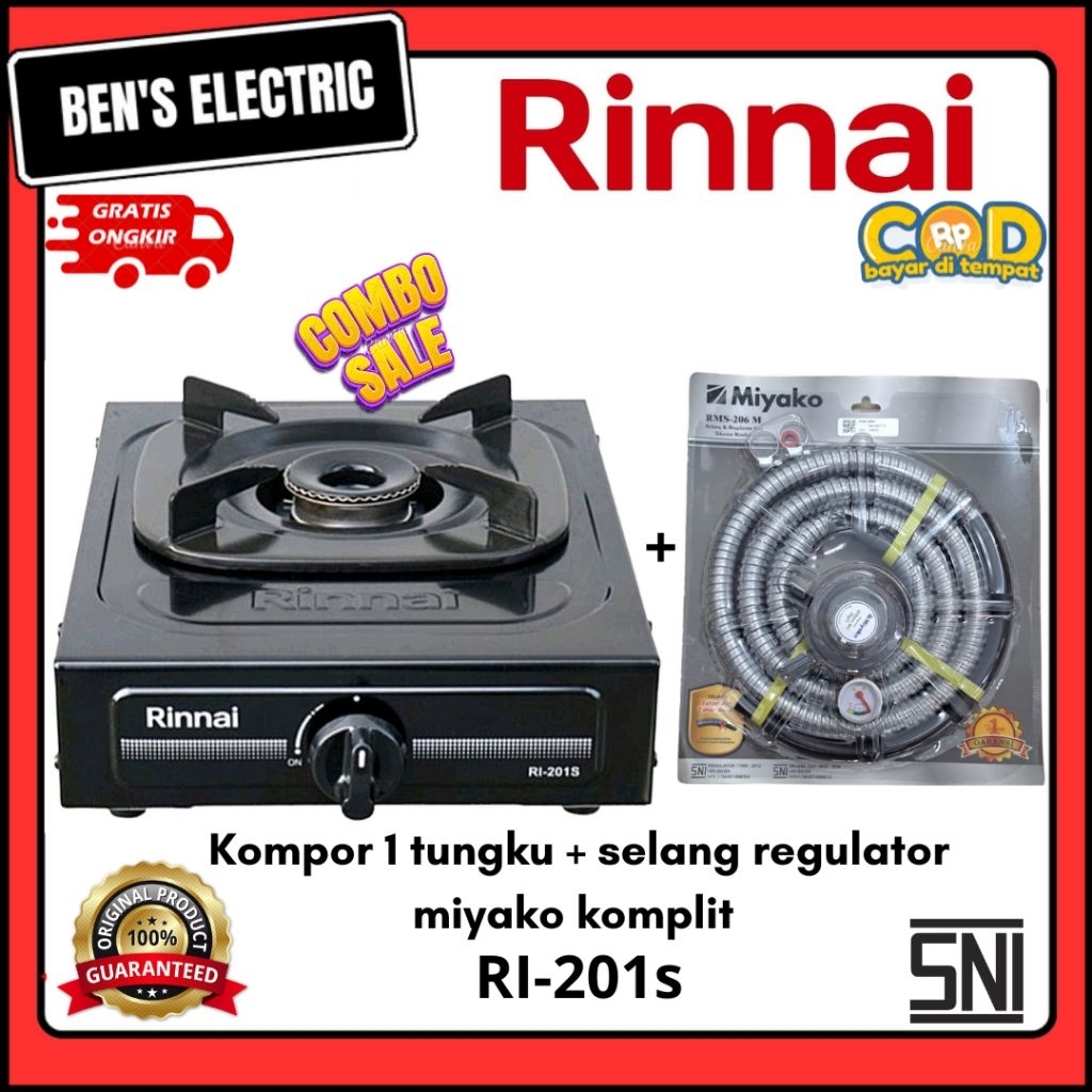 Rinnai kompor gas LPG 1 tungku plus selang regulator komplit RI 201s