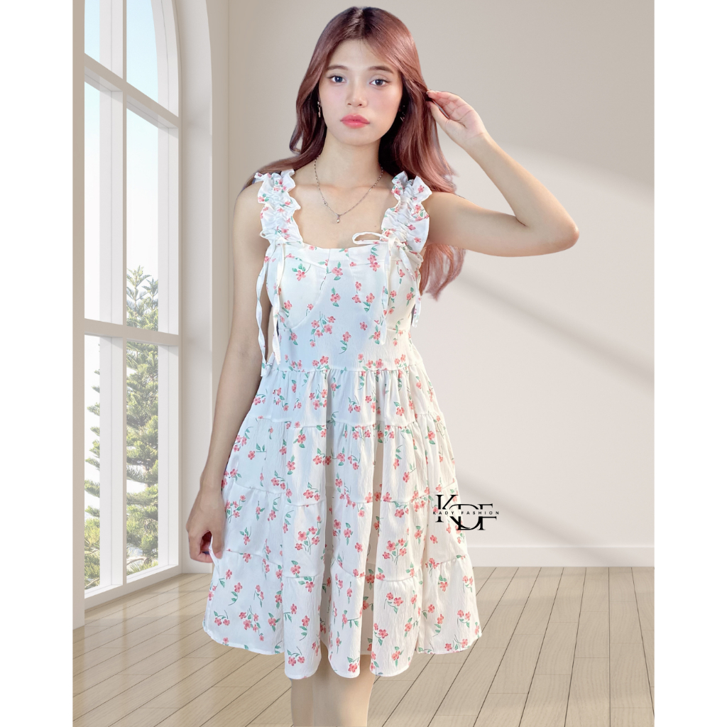 KDF - Minji Dress | Midi Dress Putih Flowery Sexy | Dress Casual Pantai | Dress Korean Wanita -00000