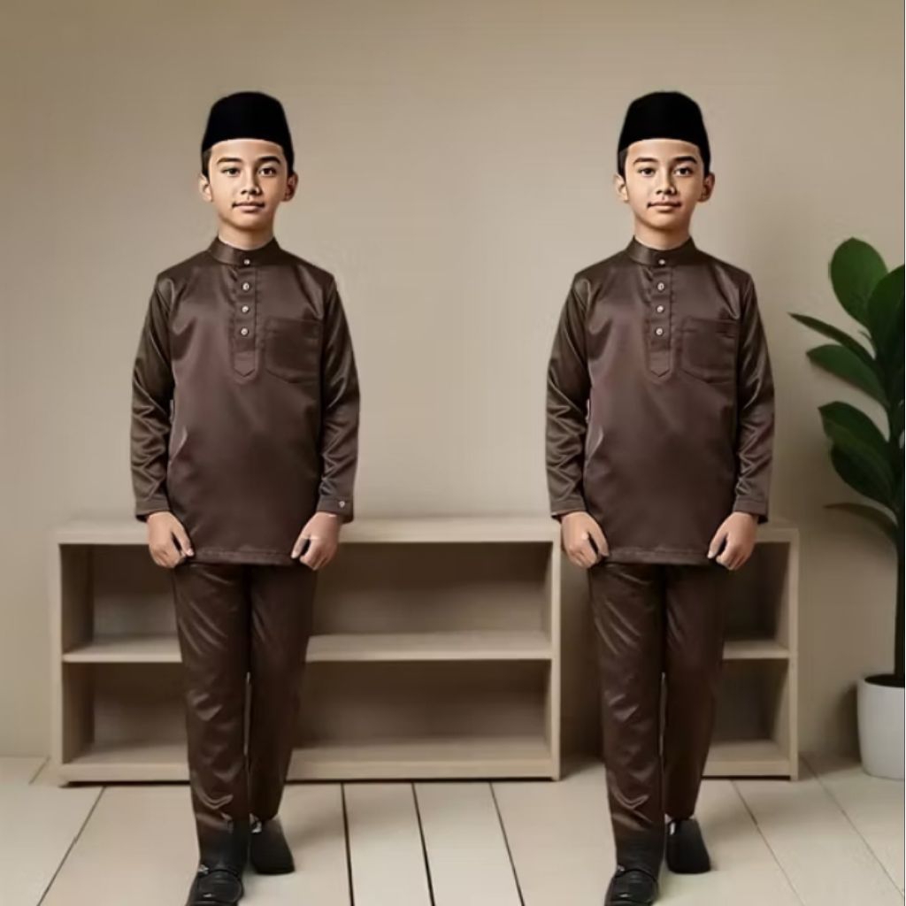 Baju Melayu Anak Laki Laki, Teluk Belanga Cekak Musang Setelan Pakaian Muslim Koko Satin Velvet, Baj