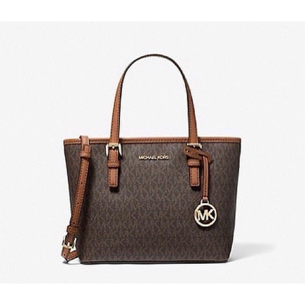 MICHAEL KORS MK Jet Set Travel Extra-Small Saffiano Leather Top-Zip Tote Bag brown logo