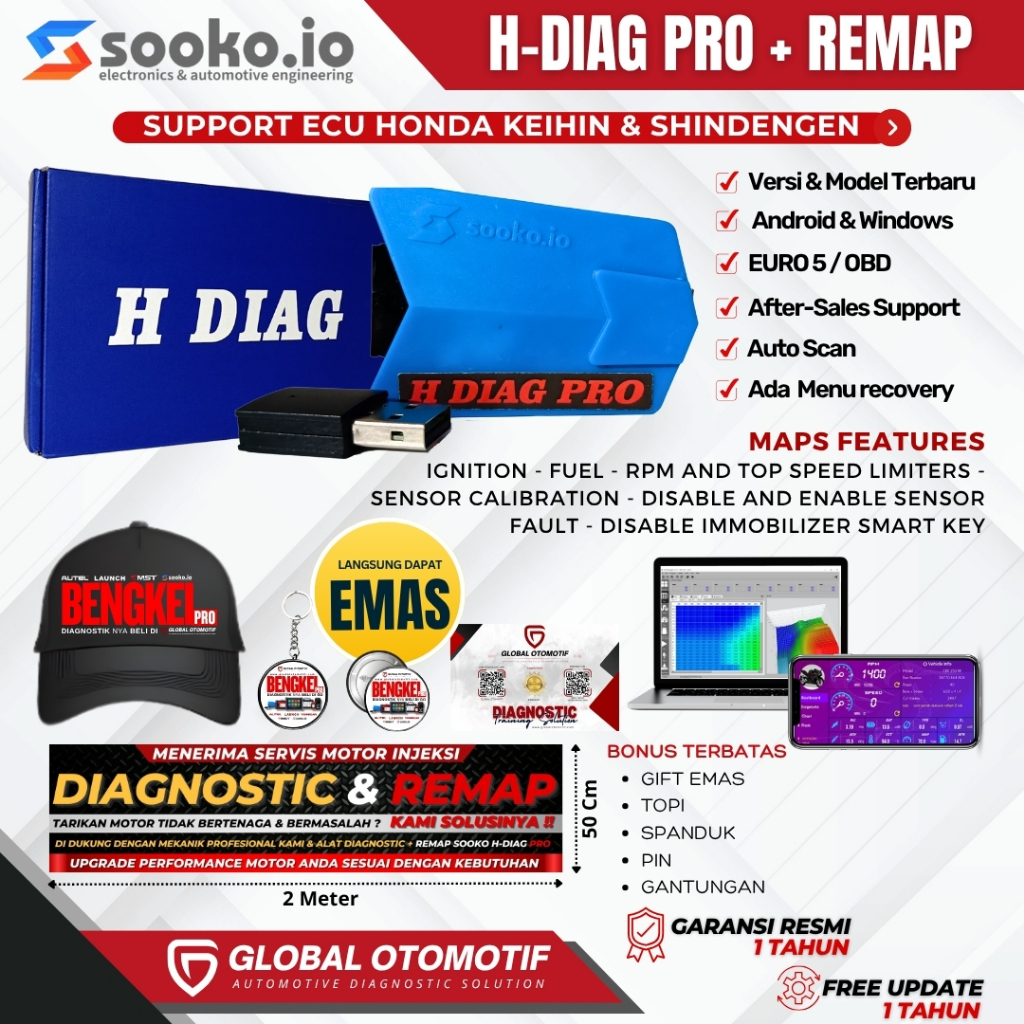 Scanner Motor Injeksi HONDA H-DIAG PRO +REMAP EXPERT - Alat Remap Flash ECU Standar + Scan Tools Ter