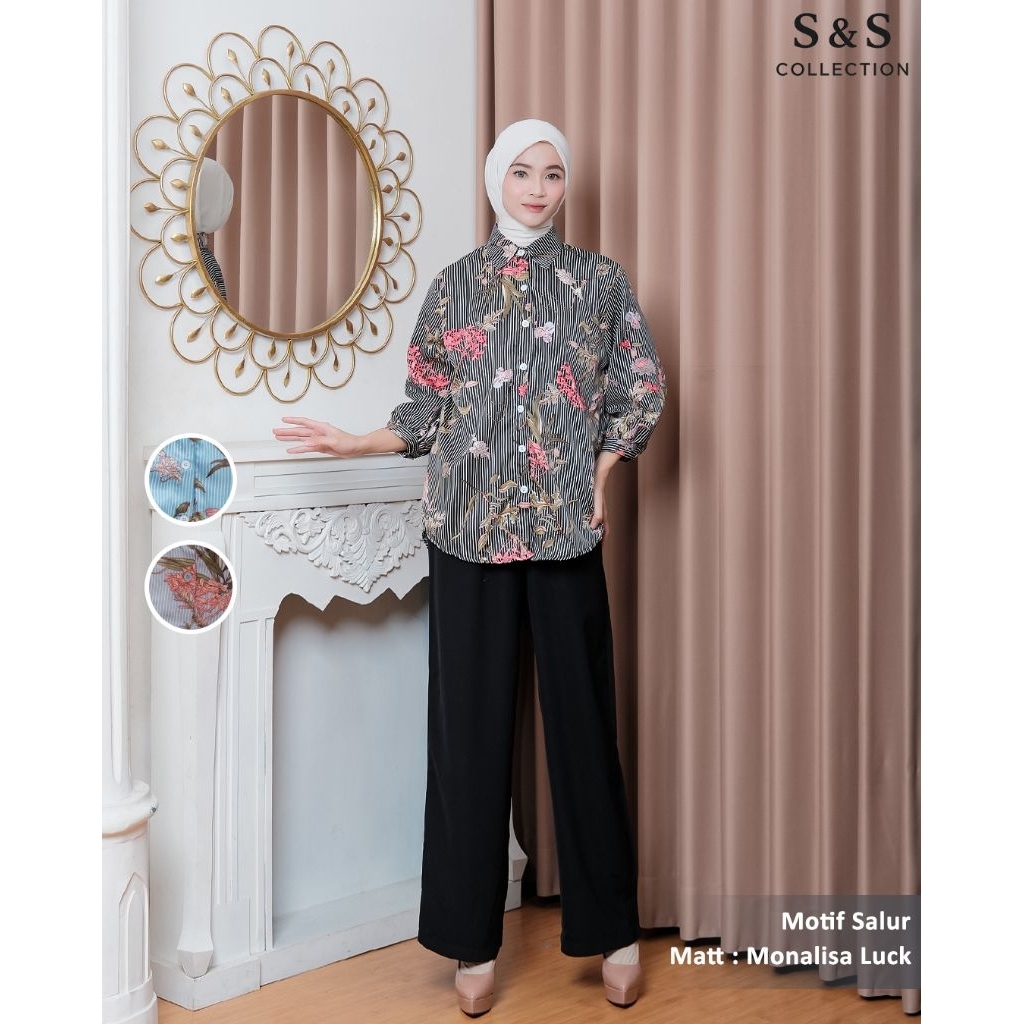 Baju Atasan Kemeja Casual Wanita Model Kayfa Bahan Kain Monalisa Lux Salur Motif Bunga