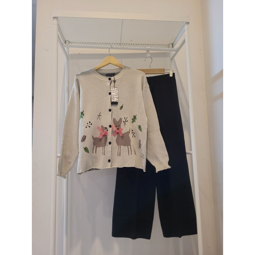 Korean one set Knit premium TOP cardigan, blouse panjang bahan adem,  celana kulot by PLOYPA Studio 