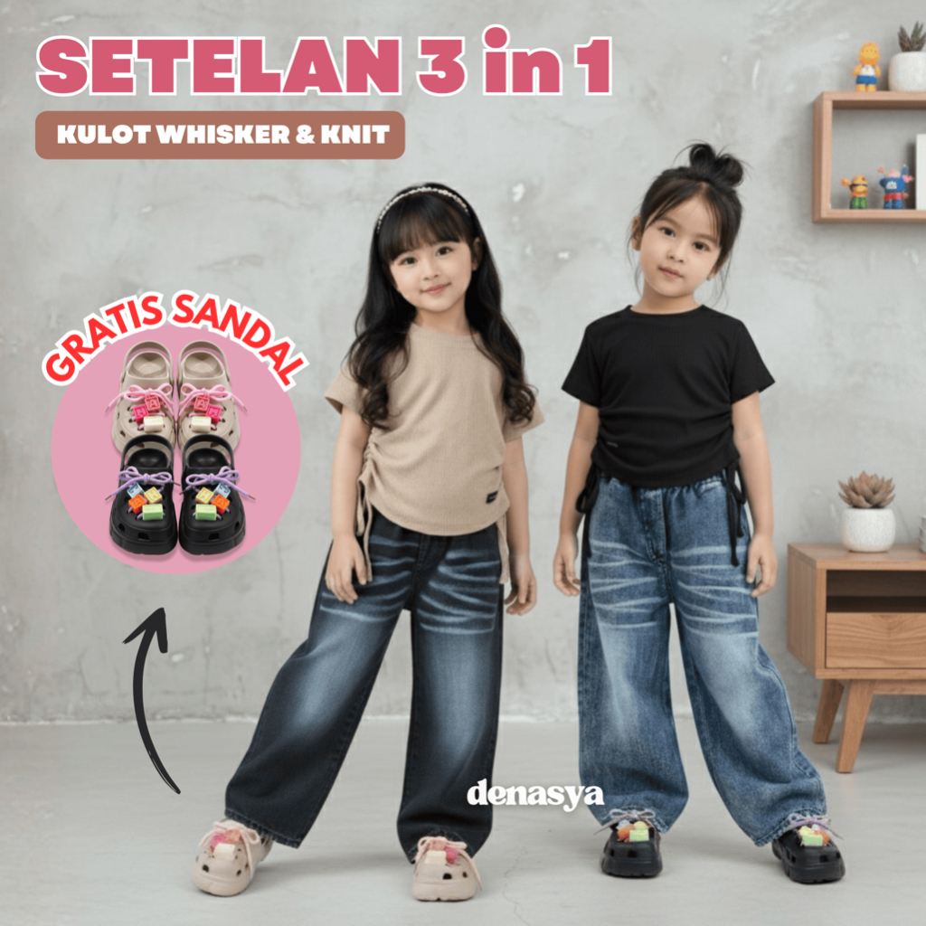 Setelan Knit Anak Perempuan Kekinian / Setelan Celana Jeans Gombrong Skena Anak / Atasan Pendek Seru