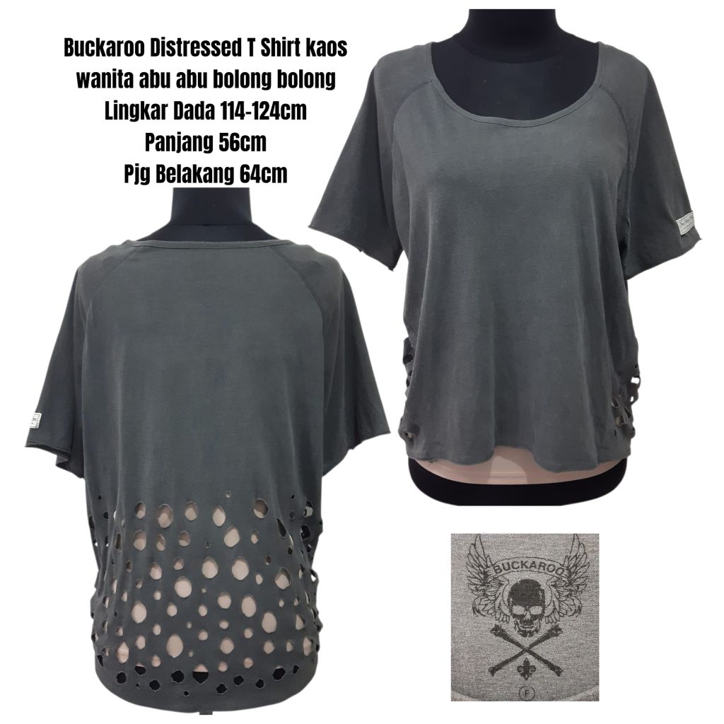 Buckaroo Distressed T Shirt kaos wanita abu abu bolong bolong