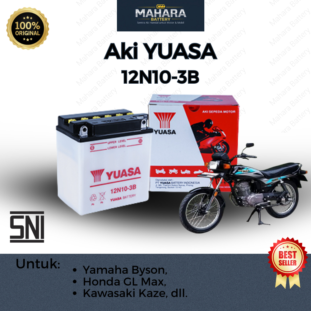 MAHARA BATTERY Aki Motor Yuasa 12N10-3B 12V – Aki Basah Tangguh Daya Starter Tinggi untuk Motor Yama