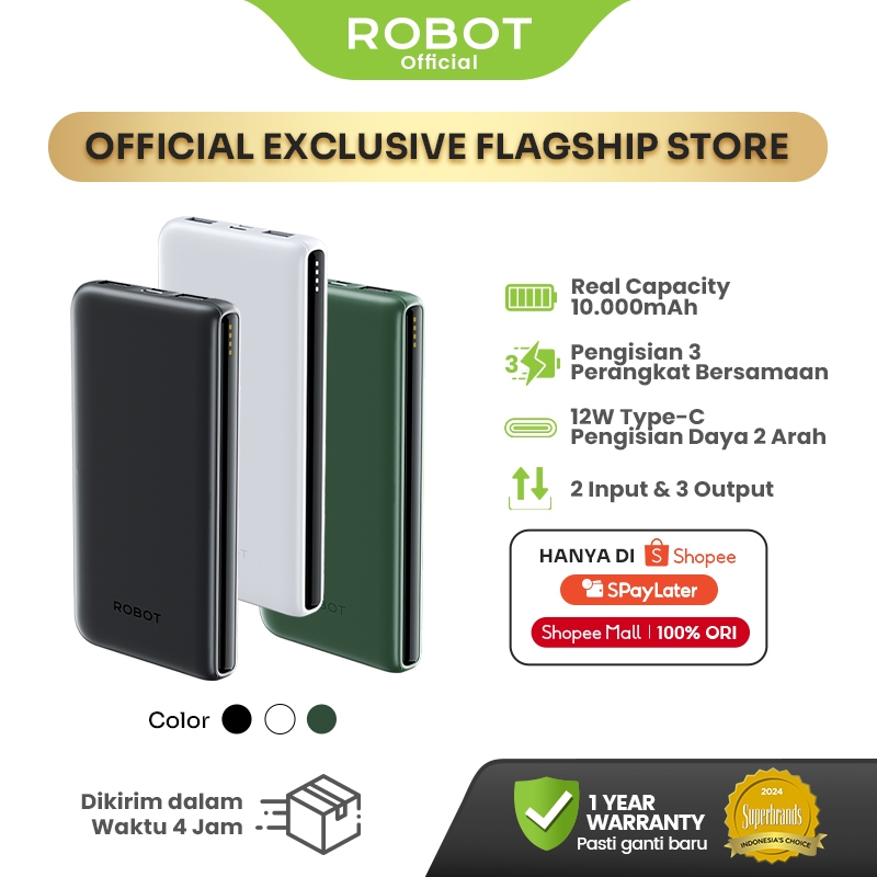 Power Bank ROBOT RT12 RT180S 10000mAh - 3 Output, Dual Input Type-C & Micro, Fast Charging 12W, Slim