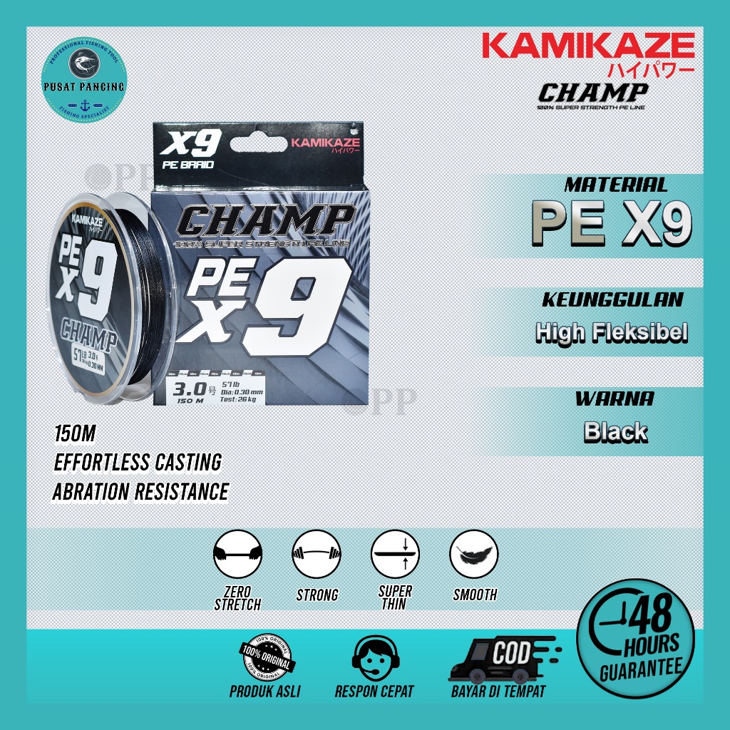 Senar PE KAMIKAZE CHAMP X9 150Meter Black SIC Technology X9 Braide 100% Senar Pancing Smooth