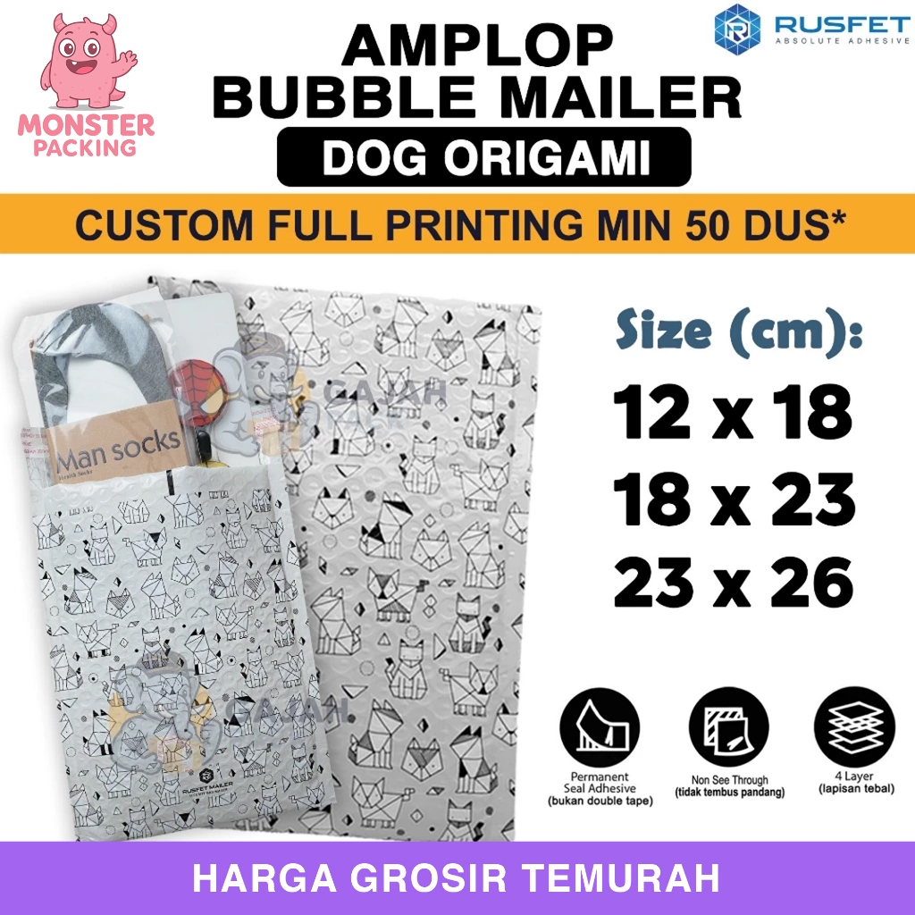 Amplop Bubble Wrap Motif DOG ORIGAMI Envelope Bubble Bag Mailer Safety Packing Perekat Paket