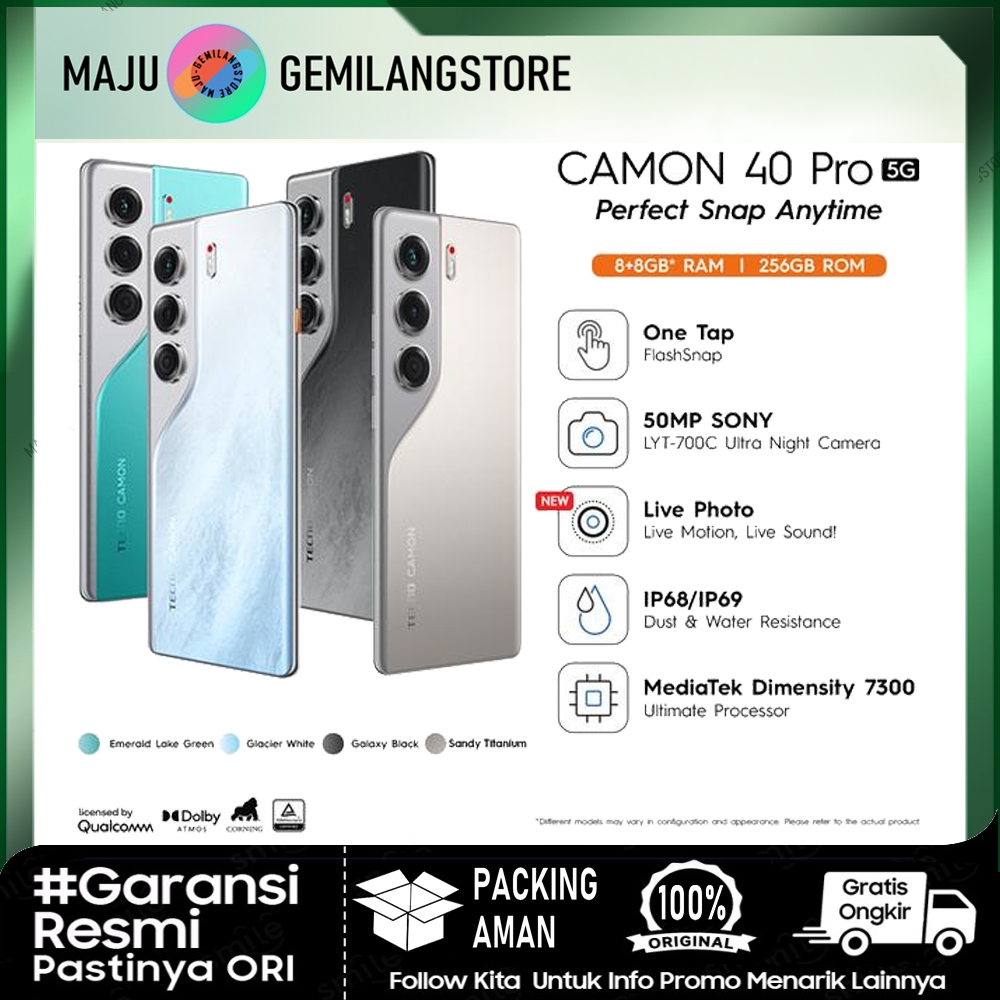 TECNO CAMON 40 Pro 5G - 8+8GB*/256GB & 12+8*/256GB, Mediatek D7300 Ultimate, 6.78” FHD+144HZ 3D Curv