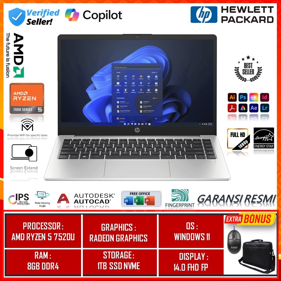 HP 245 G10 Ryzen 5 7520U Radeon 16GB RAM 512GB SSD Windows 11 Garansi 1 Tahun Laptop Gaming