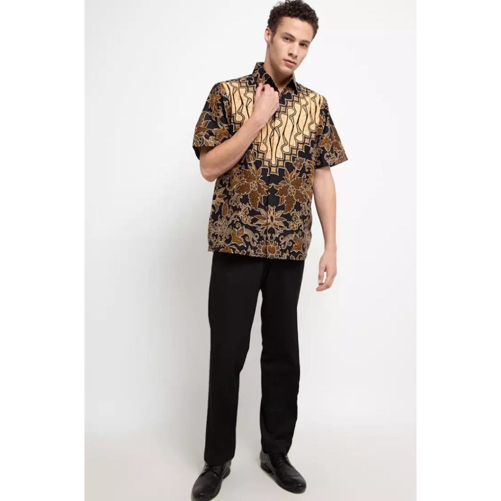 Krisna Batik Cakra Hitam Lengan Pendek Kemeja Pria Shirt Katun Premium
