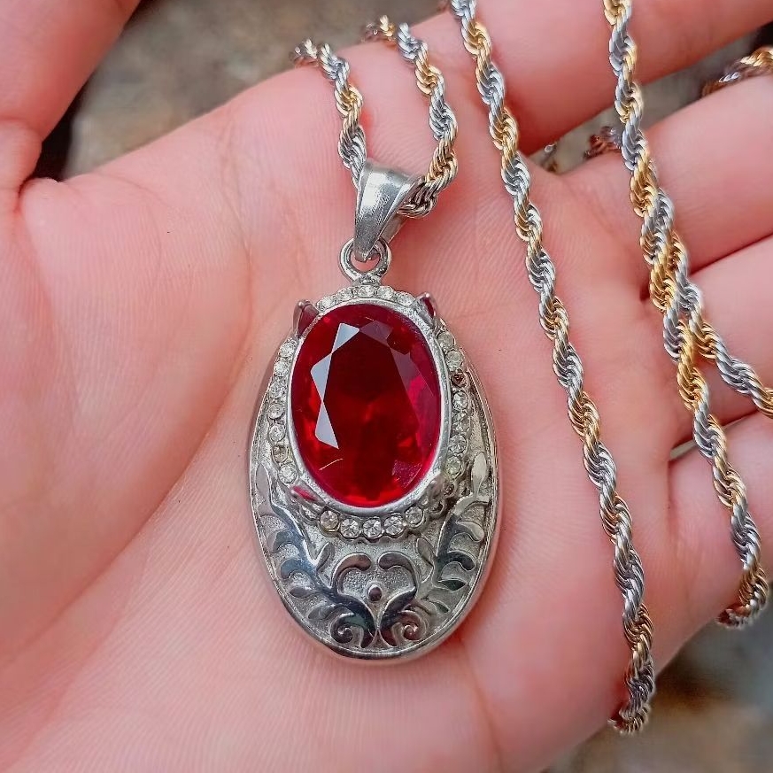 Liontin Kalung Permata Batu Merah Siam Cuting Lengkap