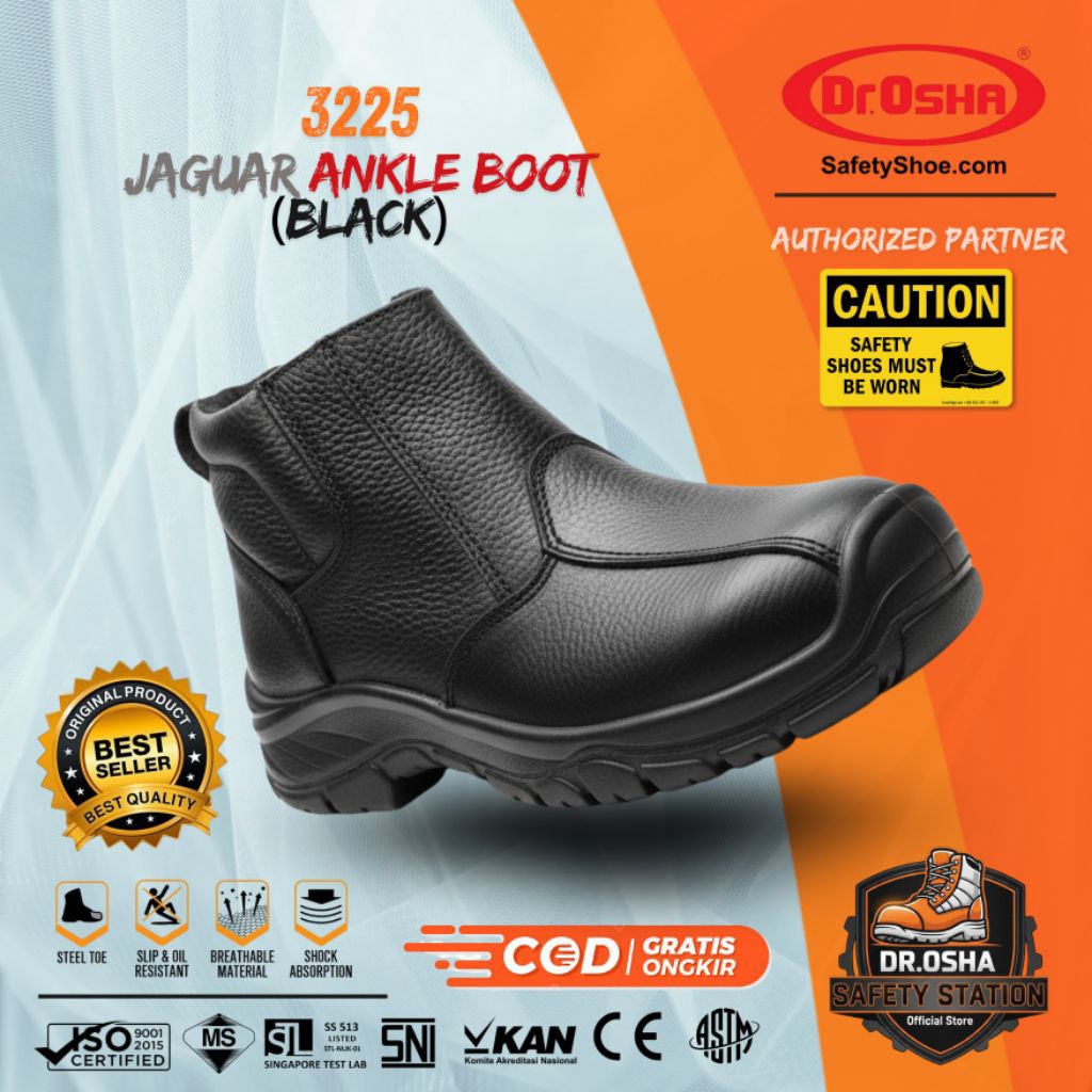 Sepatu Safety Dr OSHA Jaguar 3225 Safety Shoes Ankle Boot with Zipper - Black