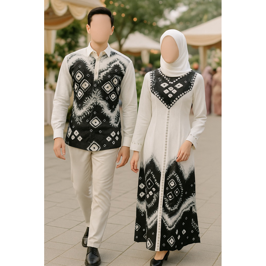 Couple Jumputan Palembang | Bahan Viscose Putih Hitam | Motif Polos Atas