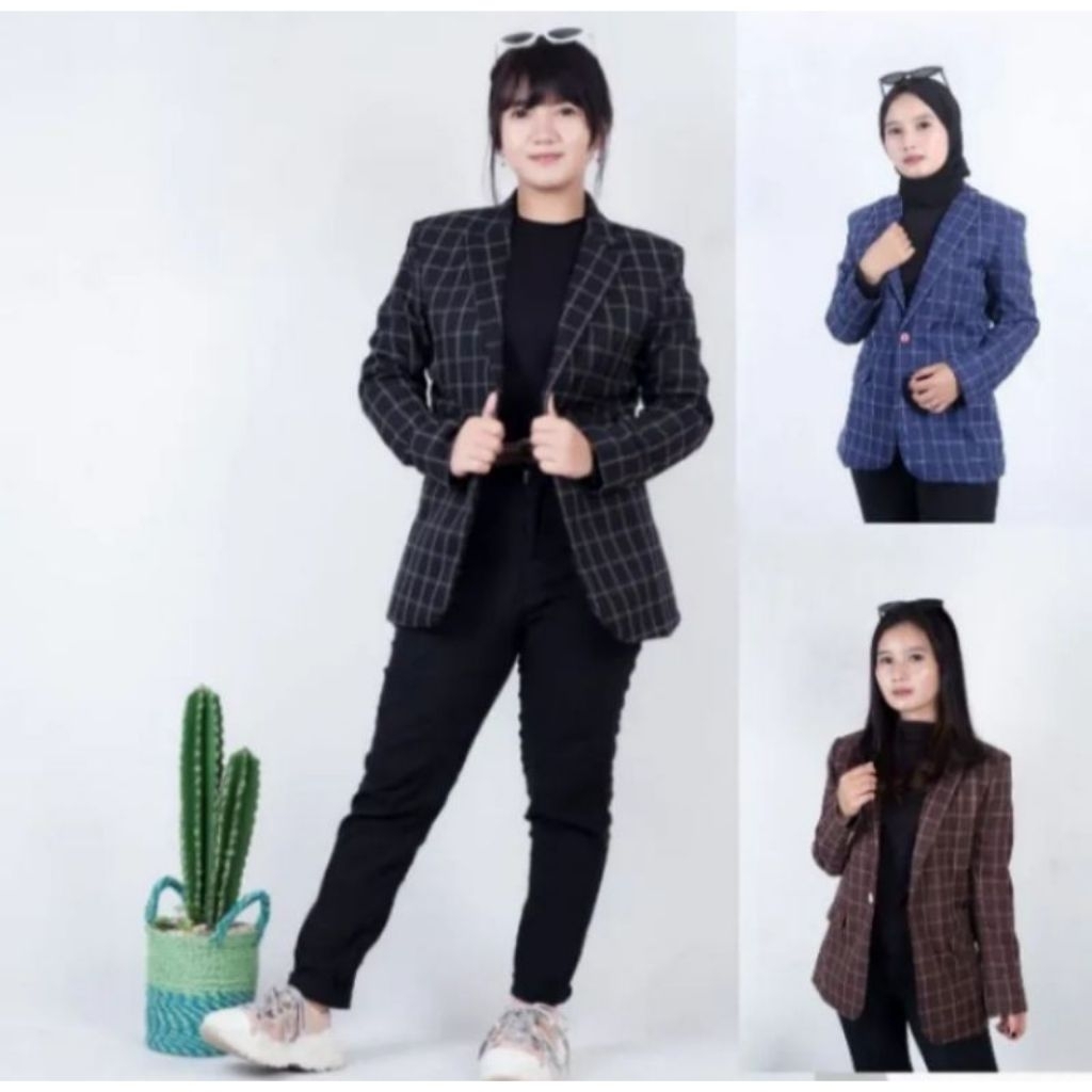 jas blazer wanita motif kotak kotak garis putih.3 varian warna.abu muda,navy,dan hitam
