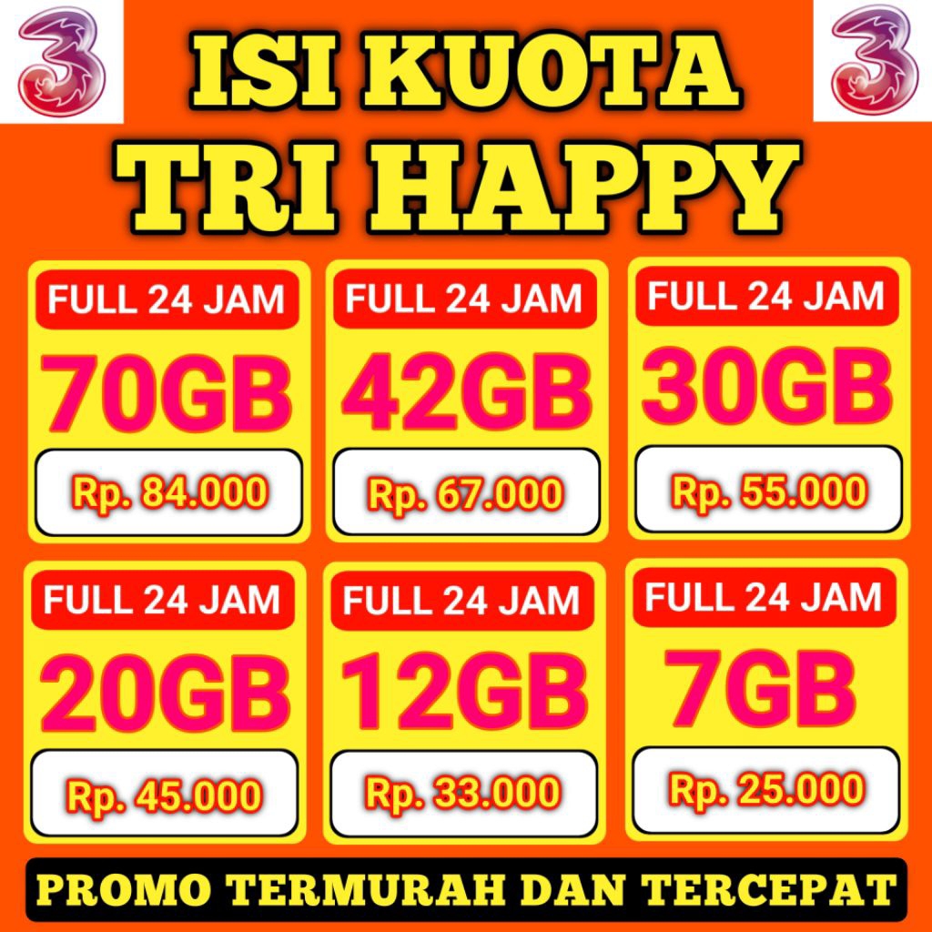 (tanpa cek nomor) PAKET DATA TRI 100GB FULL 24 JAM - PAKET KUOTA TRI HAPPY | TRI AON | KUOTA TRI