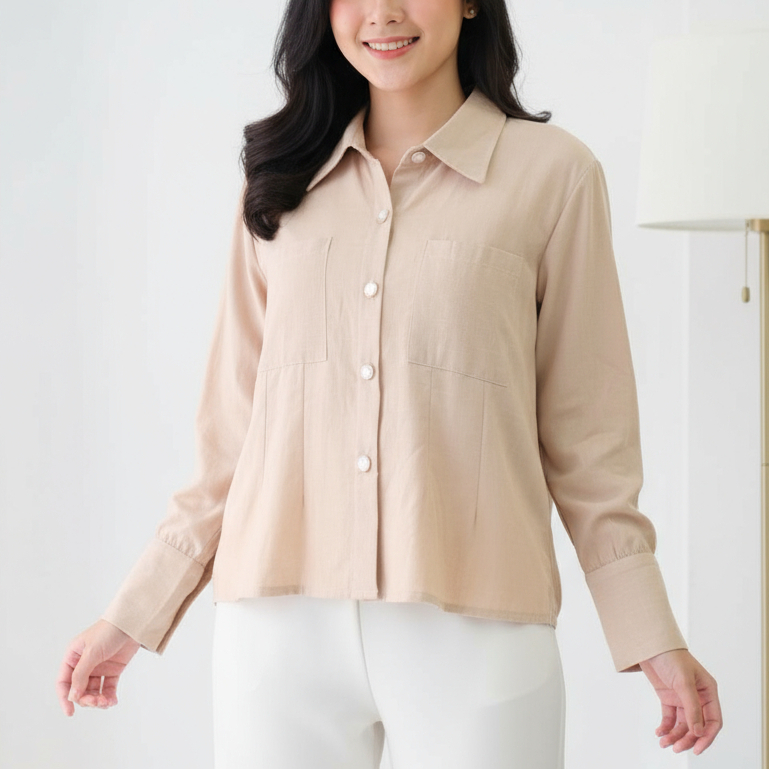 Kemeja polos semi Crop Wanita Lengan panjang/  Outer Polos Kancing mutiara