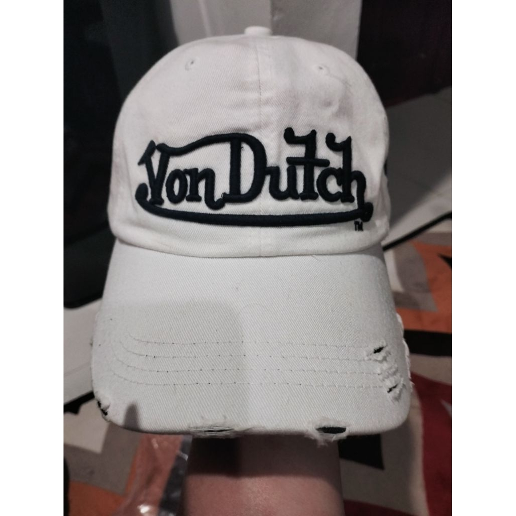Topi Von Dutch Distressed Ripped Cap White (Logo LA 32)