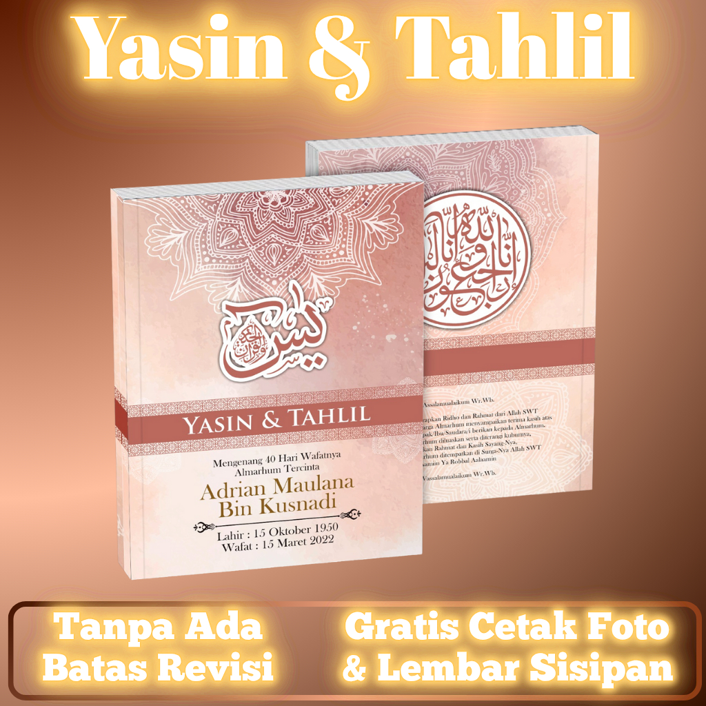 Buku Yasin dan Tahlil Custom Lengkap 128 Hal Gratis Cetak Foto Almarhum Souvenir Murah 100 1000 Hari