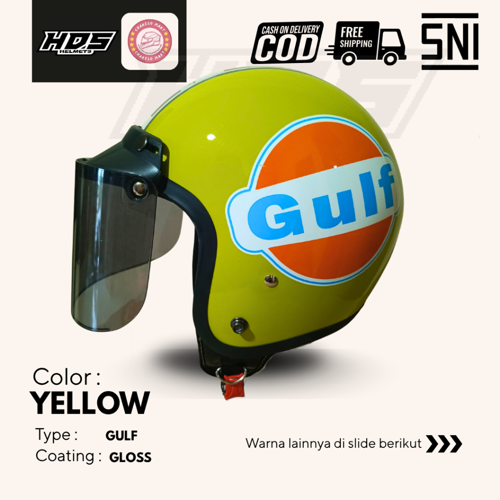 Helm Bogo Dewasa Classic Polos Motif Gulf Yellow HDS Helmet Half Face SNI Pria Wanita Cepol Hijab