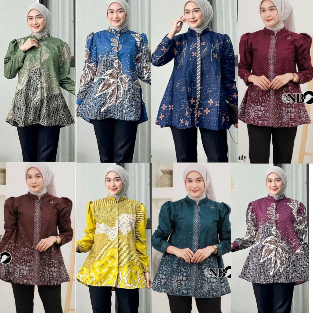 Batik Wanita Lengan Balon/ Kemeja Batik Wanita Modern / Seragam Batik Kantor Hijau Sage Biru Navy De