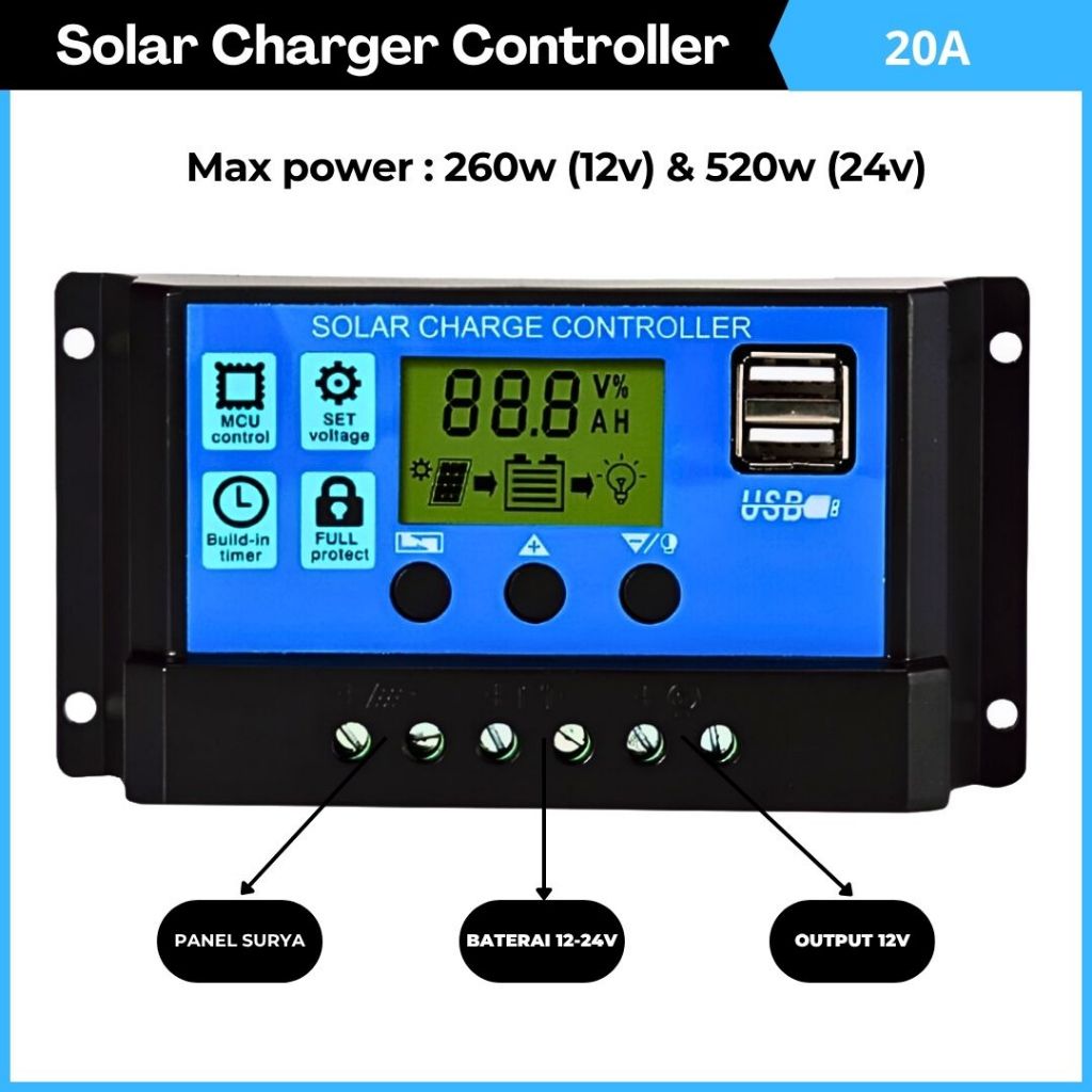 Solar Charger Controller 20A Panel Surya Charger 12-24V Charger Aki