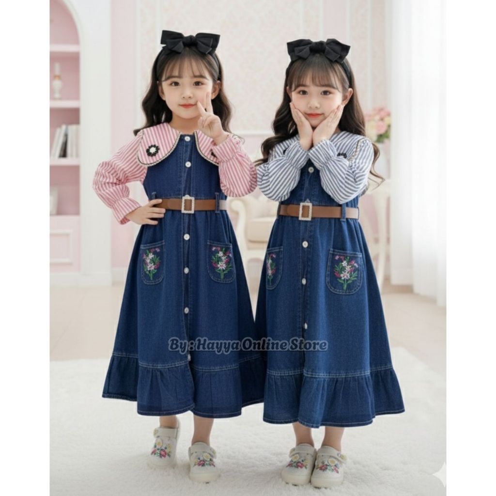 Alesha Gamis Lengan Motif Salur Mix Jeans Anak Perempuan Free Belt Usia 3-10 Tahun Bahan Katun Mix J