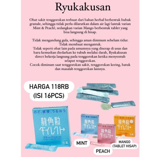 RYUKAKUSAN Obat Tenggorokan Jepang Peach Mint Mango
