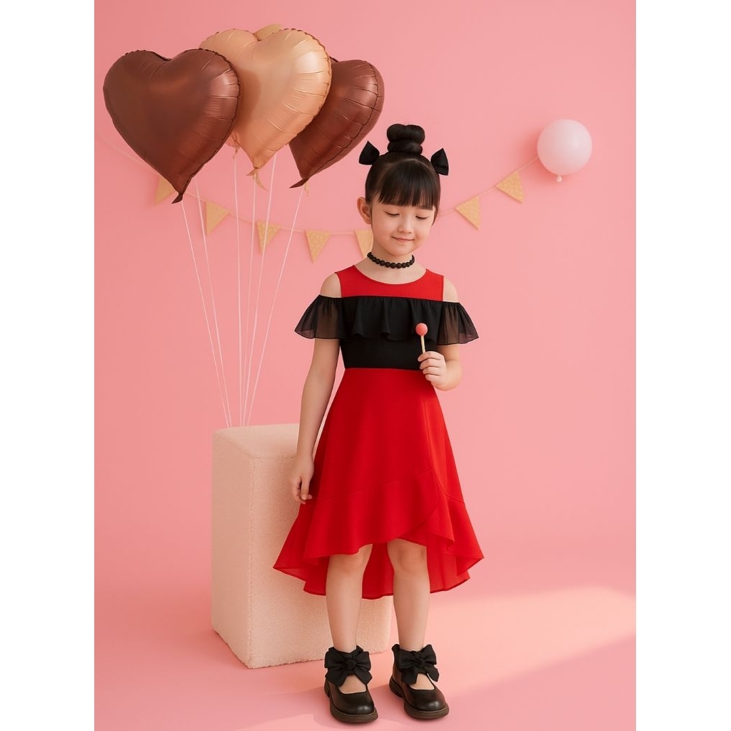 Dress sabrina Gaun Pesta Ruffle Anak Perempuan Warna Merah Hitam Elegant - Dress Anak Fashion Korea 