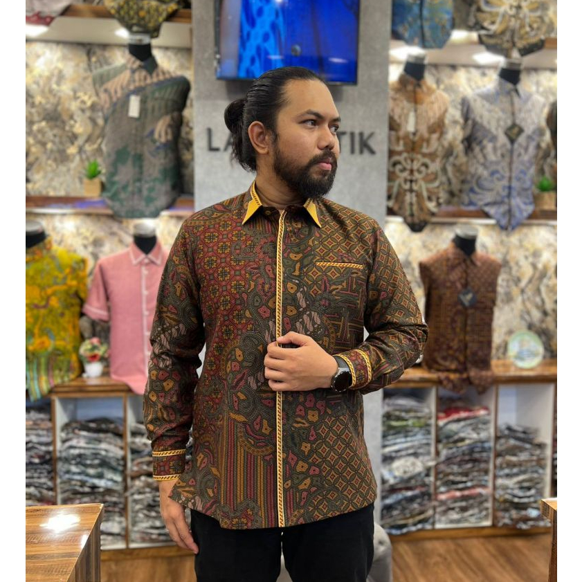 Lano Batik Semi Jas - Kemeja Batik Smock Semi Jas - Parang Kawung - Baju Batik Pria - Kemeja Batik P
