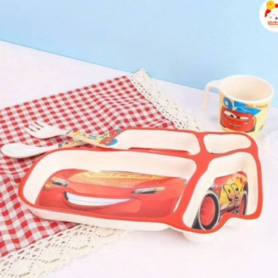 set 3in1 piring melamin import karakter kado car cars glass gelas cup mcqueen mobil