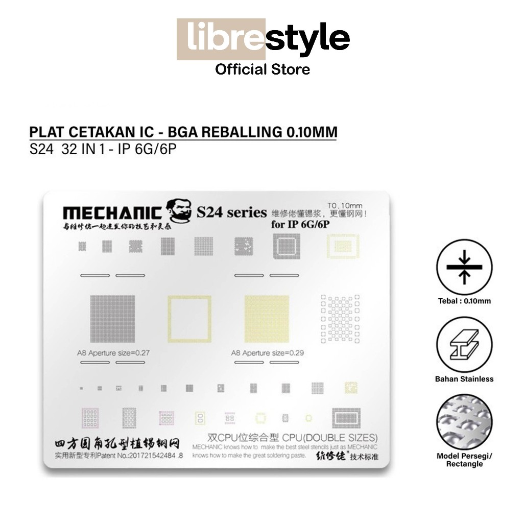 MECHANIC S24 CETAKAN IC 0.10MM [32 IN 1] FOR IPHONE 6G/6P ORIGINAL – CETAKAN REBALL IC PRESISI UNTUK