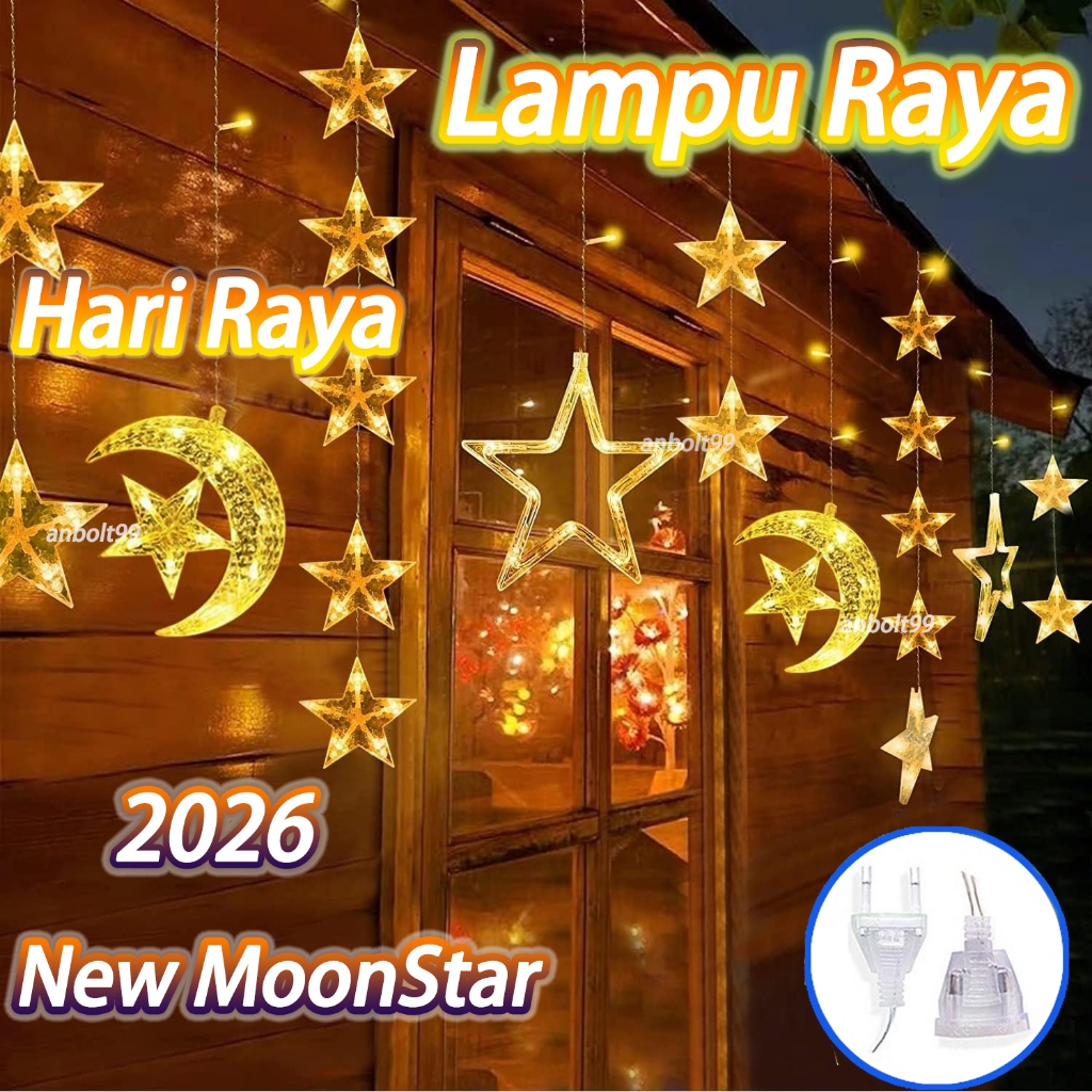 Lampu Hias Idul Fitri Star Moon LED Curtain String 8 Mode Cahaya Dekorasi Hari Raya