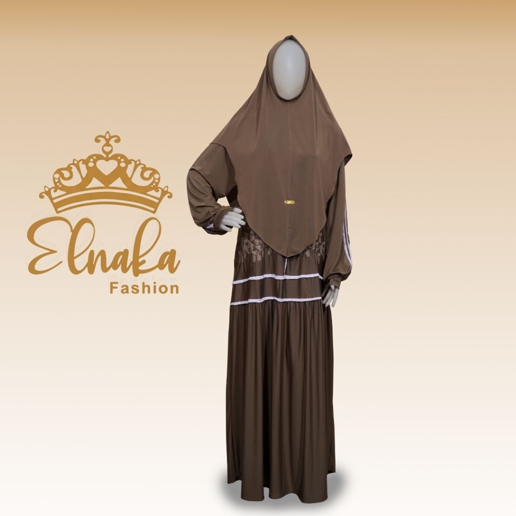 Set Gamis dan Kerudung Mewah Elnaka Cokelat 051